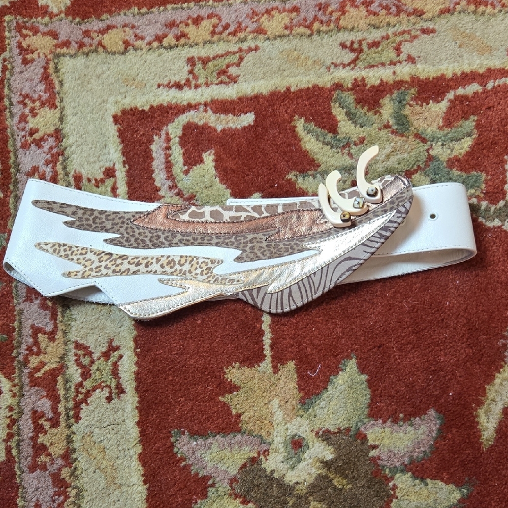 Waldorf Creations 80s Leather Statement Belt with Metallic and Animal Print
